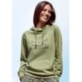 Hoodie LASCANA, Damen, Gr. 32/34, grün (khaki), angeraute Sweatware, Obermaterial: 50% Baumwolle, 50% Polyester, unifarben, casual, bequem lang, Langarm Raglanärmel elastischer Bund, Sweatshirts, mit Statement Druck, Loungeanzug