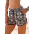 Strandshorts S.OLIVER, Damen, Gr. 34, N-Gr, blau (marine, bedruckt), Jersey, Obermaterial: 100% Viskose, bedruckt, modisch, normal kurz, Hosen, mit Ethnodruck und Taschen, elastischer Gummizugbund, kurze Hose