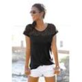 Strandshirt LASCANA, Damen, Gr. 32/34, schwarz, Jersey, Obermaterial: 95% Viskose, 5% Elasthan. Spitze: 90% Polyamid, 10% Elasthan, modisch, figurumspielend, Rundhals, Kurzarm, Shirts, mit Spitzeneinsatz, T-Shirt, Kurzarmshirt, elegant