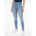 Skinny-fit-Jeans TOMMY JEANS "Tommy Jeans - Damenjeans- NORA Mid Rise - Skinny Fit", Damen, Gr. 27, Länge 30, blau (denim light1), Denim/Jeans, Obermaterial: 92% Baumwolle, 6% Elastomultiester, 2% Elasthan, unifarben, casual, skinny fit knöchellang, Jeans, mit Waschung, Logo-Badge