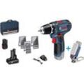 Bosch Professional GSR 12V-15 + GLI DeciLED Akku-Bohrschrauber 12 V 2 Ah, 4 Ah Li-Ion inkl. Akku-Lampe, inkl. 2. Akku, mit Zubehör, inkl. Tasche