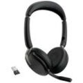 Jabra Evolve2 65 Flex Link380a MS + Ladepad Computer On Ear Headset Bluetooth® Stereo Schwarz Noise Cancelling Headset, Mikrofon-Stummschaltung,