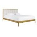 Doppelbett 160x200 cm aus hellem Holz und hellgrauem Stoff RONN