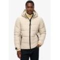 Steppjacke SUPERDRY "HOODED SPORTS PUFFR JACKET", Herren, Gr. M, beige (pelican beige), Web, Obermaterial: 100% Polyester, unifarben, modisch, slim fit, Langarm elastischer Bund, Jacken, mit kontrastfarbener Stickerei