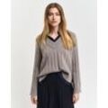 V-Ausschnitt-Pullover GANT "WIDE RIBBED WOOL V-NECK" Gr. L, grau (warm grau) Damen Pullover mit seitlichen Saumschlitzen, breit gerippt