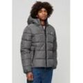 Steppjacke SUPERDRY "HOODED SPORTS PUFFR JACKET", Herren, Gr. L, grau (schwarz slate grau), Web, Obermaterial: 100% Polyester, unifarben, modisch, slim fit, Langarm elastischer Bund, Jacken, mit kontrastfarbener Stickerei