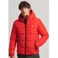 Steppjacke SUPERDRY "HOODED SPORTS PUFFR JACKET", Herren, Gr. XL, rot (bright rot), Web, Obermaterial: 100% Polyester, unifarben, modisch, slim fit, Langarm elastischer Bund, Jacken, mit kontrastfarbener Stickerei