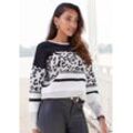 Rundhalspullover LASCANA Gr. 32/34, grau (grau, schwarz), Damen, Strick, Obermaterial: 50% Viskose, 28% Polyester, 22% Polyamid, gestreift, animal-print, Pullover, mit Leomuster, lockerer Strickpullover mit modischem Mustermix, Topseller