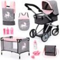 Puppenwagen BAYER "Mega grau/rosa", rosa (grau, rosa einhorn), Puppenwagen, KinderB:36cm H:72cm T:70cm, Kunststoff, Metall, Stoff, mit Reisebett, Schlafsack, Wickeltasche und Zubehör, B:36cm H:72cm T:70cm