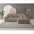 Ecksofa ANDAS "Finnley Schlafsofa 267 cm in Bouclé, Struktur fein u. Cord, L-Form", grau (taupe), B:267cm H:85cm T:167cm, Bezugstoff 100% PES , Gramatur 400g/qm +/- 5%, Sofas, Schlaffunktion m. Bettkasten (136/210 cm), Bouclé, Struktur und Cord