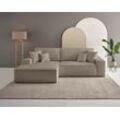 Ecksofa ANDAS "Finnley Schlafsofa 267 cm in Bouclé, Struktur fein u. Cord, L-Form", grau (taupe), B:267cm H:85cm T:167cm, Bezugstoff 100% PES , Gramatur 400g/qm +/- 5%, Sofas, Schlaffunktion m. Bettkasten (136/210 cm), Bouclé, Struktur und Cord