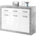 Kommode HBZ "Stone 2 weiß Glanz, BxHxT 117x88x37 cm", weiß (weiß, beton), B:117cm H:88cm T:37cm, Holzwerkstoff, Sideboards, Kommode mit 3 Türen, 3 Schubkästen, 2 Einlegeböden