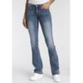 Bootcut-Jeans ARIZONA "mit Keileinsätzen", Damen, Gr. 17, K + L Gr, blau (mid, blau, used), Denim/Jeans, Obermaterial: 76% Baumwolle, 16% Polyester, 7% Viskose, 1% Elasthan, Basic, eng lang, Jeans, ausgestellte Beinform, niedrige Leibhöhe, elastisches Material