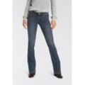 Bootcut-Jeans ARIZONA "mit Keileinsätzen", Damen, Gr. 21, K + L Gr, blau (dunkelblau, used), Denim/Jeans, Obermaterial: 76% Baumwolle, 16% Polyester, 7% Viskose, 1% Elasthan, Basic, eng lang, Jeans, ausgestellte Beinform, niedrige Leibhöhe, elastisches Material