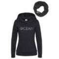 Kapuzensweatshirt OCEAN SPORTSWEAR "mit Multifunktionaler Tube Schal" Gr. 32/34, schwarz Damen Sweatshirts Hoodie Sweatshirt basic geschnittene Passform, aus Baumwollmischung, mit Kängurutasche