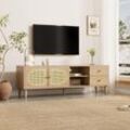 Rattan-TV-Schrank 150 x 40 x 50 cm – mit 2 Rattan-Türen, 2 Schubladen, höhenverstellbarem Regal und Kabelmanagement, für Fernseher bis 60 Zoll