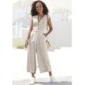 Overall LASCANA, Damen, Gr. 34, N-Gr, beige (sand), Web, Obermaterial: 85% Viskose, 15% Leinen, unifarben, modisch, figurumspielend lang, V-Ausschnitt, ohne Ärmel, Overalls, und Taschen, sommerlicher Jumpsuit, casual-chic