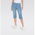 Caprijeans MAC "CAPRI" Gr. 44, Länge 19, blau (leuchtendes blau sky wash), Damen, Obermaterial: 98% Baumwolle, 2% Elasthan, Abriebeffekte, Jeans, Eingelegte Zierfalten am Saum