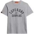 Rundhalsshirt SUPERDRY "SURPLUS GRAPHIC TSHIRT", Herren, Gr. XL, grau (surplus dunkelgrau grindle), Single Jersey, Obermaterial: 100% Baumwolle, meliert, bedruckt, modisch, relaxed fit, Rundhals, Kurzarm, Shirts