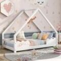 Okwish - Hausbett Kinderbett 90x200cm mit Rausfallschutz Spielbett Jugendbett aus Massivholz in Weiß