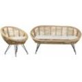 Beliani - Lounge Set Natürlich Rattan 2-Sitzer Gartensofa und Gartenstuhl mit Schwarzem Metallgestell Auflagen Hellbeige Stoff Boho Outdoor Indoor