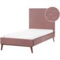 Bett Rosa Samt mit Lattenrost 90 x 200 cm Gestepptes Hohes Kopfteil Schlanke Holzbeine Glamourös Polsterbett Einzelbett Jugendbett Kinderbett