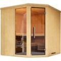 WEKA Sauna "Element-Ecksauna VARBERG 3" Saunen vorgefertigte Elemente, moderne Ganzglastür, bodenl. Fensterelement Gr. Saunaofen, integrierte Steuerung, 9 kW, beige (natur)