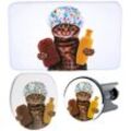 Badaccessoire-Set SANILO "Shower Cat", braun (braun, weiß), Holz, Polyester, Polyresin (Kunststein), Badaccessoires-Sets, bestehend aus WC-Sitz, Badteppich und Waschbeckenstöpsel