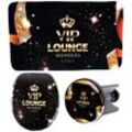 Badaccessoire-Set SANILO "VIP-Lounge" Badaccessoires-Sets schwarz (schwarz-gold) bestehend aus WC-Sitz, Badteppich und Waschbeckenstöpsel