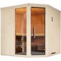 WEKA Sauna "Element-Ecksauna VARBERG 3" Saunen vorgefertigte Elemente, moderne Ganzglastür, bodenl. Fensterelement Gr. Bio-Ofen, externe Steuerung, 7,5 kW, weiß