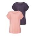 Kurzarmshirt VIVANCE "mit modischem Jacquard-Muster", Damen, Gr. 32/34, bunt (peach, navy), Stoff, Obermaterial: 97% Polyester (REPREVE), 3% Elasthan, Jacquardmuster, modisch, figurumspielend normal, Rundhals, Kurzarm angeschnitten, Shirts, aus pflegeleichter Qualität