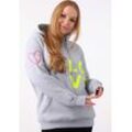 Kapuzensweatshirt ZWILLINGSHERZ Gr. SM, grau (hellgrau, melange), Damen, Obermaterial: 50% Baumwolle, 50% Polyester, Sweatshirts, mit "Love"-Print und gesticktem Neonherz am Ärmel