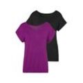 Kurzarmshirt VIVANCE "mit Gummizug im Bund", Damen, Gr. 32/34, lila (lila, schwarz), Obermaterial: 95% Viskose, 5% Elasthan, Basic, figurumspielend normal, Rundhals, Shirts, aus weichem Viskose-Stretch