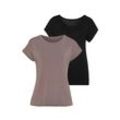 Kurzarmshirt VIVANCE "mit Gummizug im Bund", Damen, Gr. 32/34, grau (taupe, schwarz), Obermaterial: 95% Viskose, 5% Elasthan, unifarben, Basic, figurumspielend normal, Rundhals, Shirts, aus weichem Viskose-Stretch