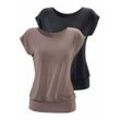 Longshirt LASCANA "mit breitem Bund", Damen, Gr. 32/34, grau (taupe, schwarz), Obermaterial: 95% Viskose (LENZING ECOVERO), 5% Elasthan, unifarben, modisch, lang, Rundhals, Kurzarm, Shirts, aus weichem Viskose-Stretch