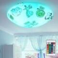 Globo Lighting - led Kinderleuchte dimmbar mit Fernbedienung Deckenlampe Glas Kinderzimmerlampe rund, Glas bunt mit Tiermotiven, rgb Farbwechsel 2x