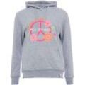 Hoodie ZWILLINGSHERZ "Roswita" Gr. L/XL, grau (grau, meliert), Damen, Obermaterial: 50% Baumwolle, 50% Polyester, Sweatshirts, mit floraler Peace-Strickerei in Neonfarben