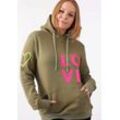 Kapuzensweatshirt ZWILLINGSHERZ, Damen, Gr. S/M, grün (khaki), Sweatware, Obermaterial: 50% Baumwolle, 50% Polyester, unifarben, modisch, normal, Sweatshirts, mit gesticktem Neon Smiley und Kordel mit Schriftzug