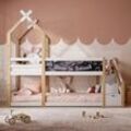 Redom - Baumhaus für Kinderbett mit Pritsche mit Stauraum und Rausfallschutz 90x200cm, Kinder-Hochbett, 2x Lattenrost, Natur und Weiß (ohne Matratze)