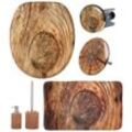 Badaccessoire-Set SANILO "Rustikal", braun, Holz, Badaccessoires-Sets, bestehend aus WC-Sitz, Badteppich, Stöpsel, Seifenspender, WC-Bürste