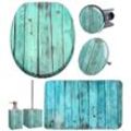 Badaccessoire-Set SANILO "Lumber", blau (blau, türkis), Holz, Polyester, Polyresin (Kunststein), Badaccessoires-Sets, bestehend aus WC-Sitz, Badteppich, Stöpsel, Seifenspender, WC-Bürste