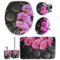 Badaccessoire-Set SANILO "Madeira" Badaccessoires-Sets lila (lila, schwarz) bestehend aus WC-Sitz, Badteppich, Stöpsel, Seifenspender, WC-Bürste