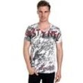 T-Shirt RUSTY NEAL, Herren, Gr. L, grau, 100% Baumwolle, bedruckt, casual, normal, V-Ausschnitt, Kurzarm, Shirts, mit aufwendigem Strass-Design