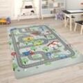 Kinderteppich PACO HOME "Chicos 559" Teppiche Gr. B: 155cm, 2mm, L: 230cm, grau Kinder Flachgewebe, Straßen-Spiel-Teppich, Kinderzimmer