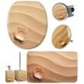 Badaccessoire-Set SANILO "Clam", beige (natur, braun), Holz, Polyester, Polyresin (Kunststein), Badaccessoires-Sets, bestehend aus WC-Sitz, Badteppich, Stöpsel, Seifenspender, WC-Bürste