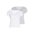 T-Shirt TOMMY JEANS "TJW 2PACK HENLEY SS RIB TEE", Damen, Gr. L (40), grau (weiß, silber grau htr), Single Jersey, Obermaterial: 95% Baumwolle, 5% Elasthan, unifarben, meliert, casual, figurbetont, Rundhals, Kurzarm, Shirts, mit Tommy Jeans Markenlabel