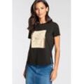 T-Shirt LAURA SCOTT Gr. 34, schwarz (schwarz, beige), Damen, Obermaterial: 100% Baumwolle, Shirts, mit goldfarbenen Print