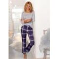 Pyjama H.I.S, Damen, Gr. 32, blau (blau, kariert), Single Jersey, Obermaterial: 100% Baumwolle, klassisch, Basic lang, Rundhals, Langarm, Homewear-Sets, mit karierter Schlafhose