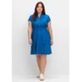 Sommerkleid SHEEGO "Große Größen", Damen, Gr. 44, Normalgrößen, blau (kobalt), Obermaterial: 50% Viskose, 38% Baumwolle, 12% Leinen, unifarben, feminin, figurumspielend kniebedeckend, V-Ausschnitt, Kurzarm, Kleider, mit Gürtel, mit Leinenanteil