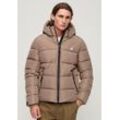 Steppjacke SUPERDRY "HOODED SPORTS PUFFR JACKET", Herren, Gr. XXL, braun (fossil braun), Web, Obermaterial: 100% Polyester, unifarben, modisch, slim fit, Langarm elastischer Bund, Jacken, mit kontrastfarbener Stickerei